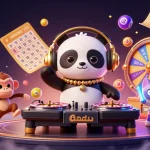 DINGDONG77 entertains with a DJ panda, dancing monkey, and glow-stick kitten amidst vibrant gaming elements.