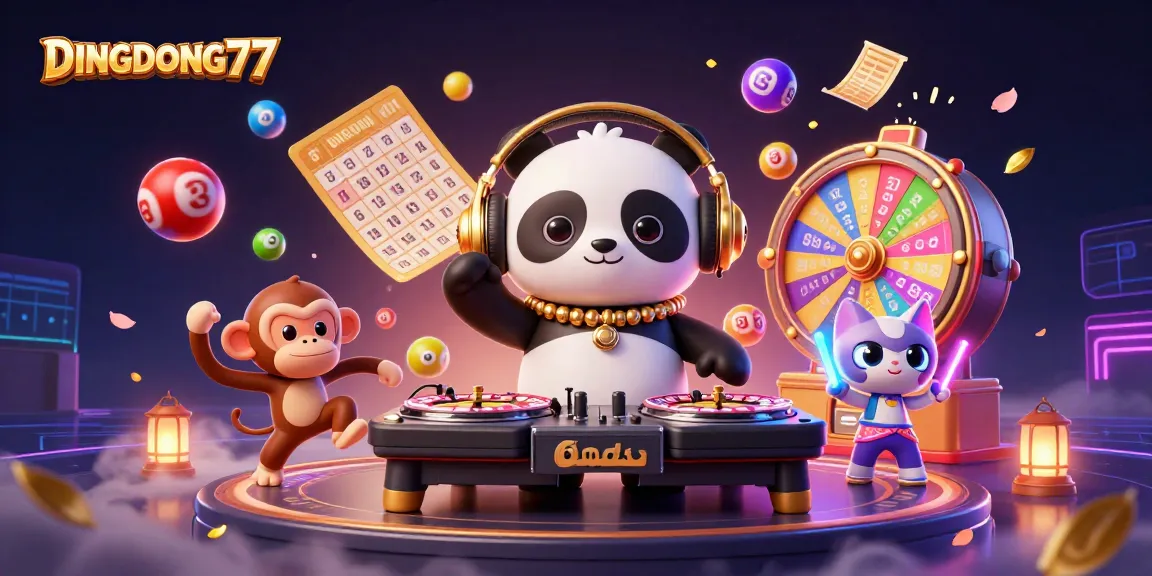 DINGDONG77 entertains with a DJ panda, dancing monkey, and glow-stick kitten amidst vibrant gaming elements.