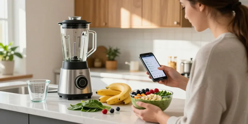 Individual using the best food tracker app while preparing a healthy smoothie bowl in a bright kitchen.