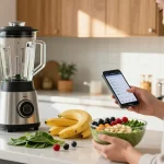 Individual using the best food tracker app while preparing a healthy smoothie bowl in a bright kitchen.