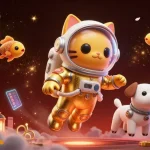 Jouez dans un crypto casino avec ce chat astronaute en apesanteur, accompagné de son chien robot.