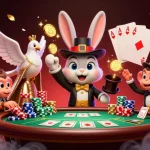 Experience thrilling gameplay at казино лакибир with a vibrant 3D illustration of card players and magical elements.