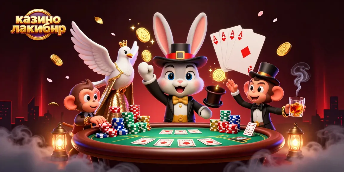Experience thrilling gameplay at казино лакибир with a vibrant 3D illustration of card players and magical elements.