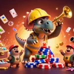 Celebrate wins at menangclub88 with lively creatures building poker chip pyramids.
