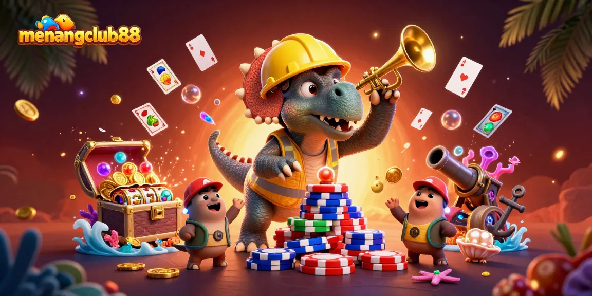 Celebrate wins at menangclub88 with lively creatures building poker chip pyramids.