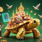 Scopri i migliori casino online con un'illustrazione di una grossa tartaruga d'oro e un tavolo da gioco con un dealer di coniglio.
