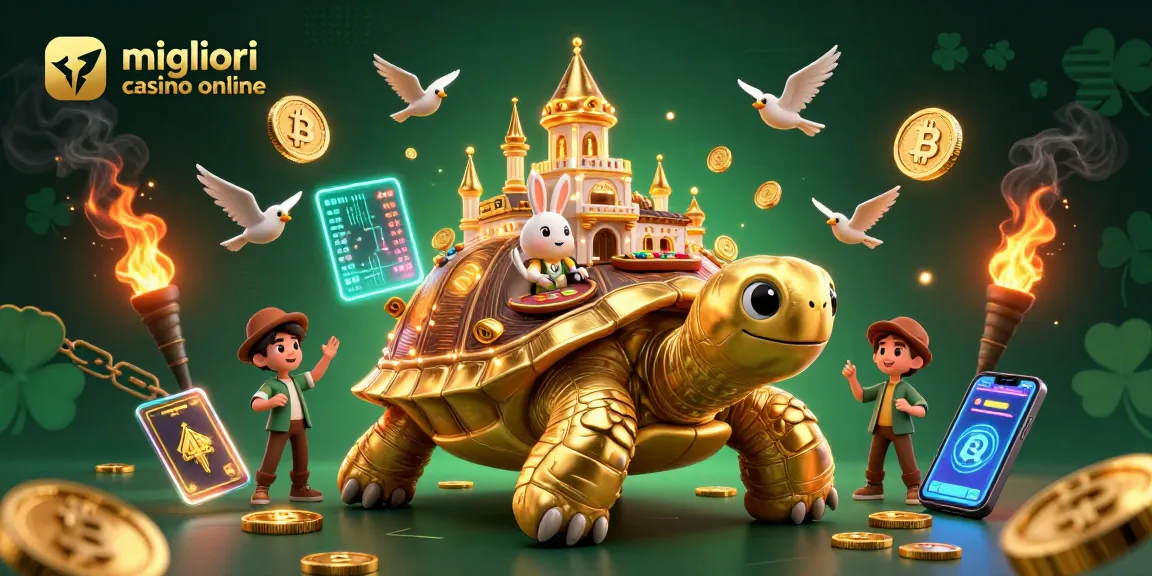 Scopri i migliori casino online con un'illustrazione di una grossa tartaruga d'oro e un tavolo da gioco con un dealer di coniglio.