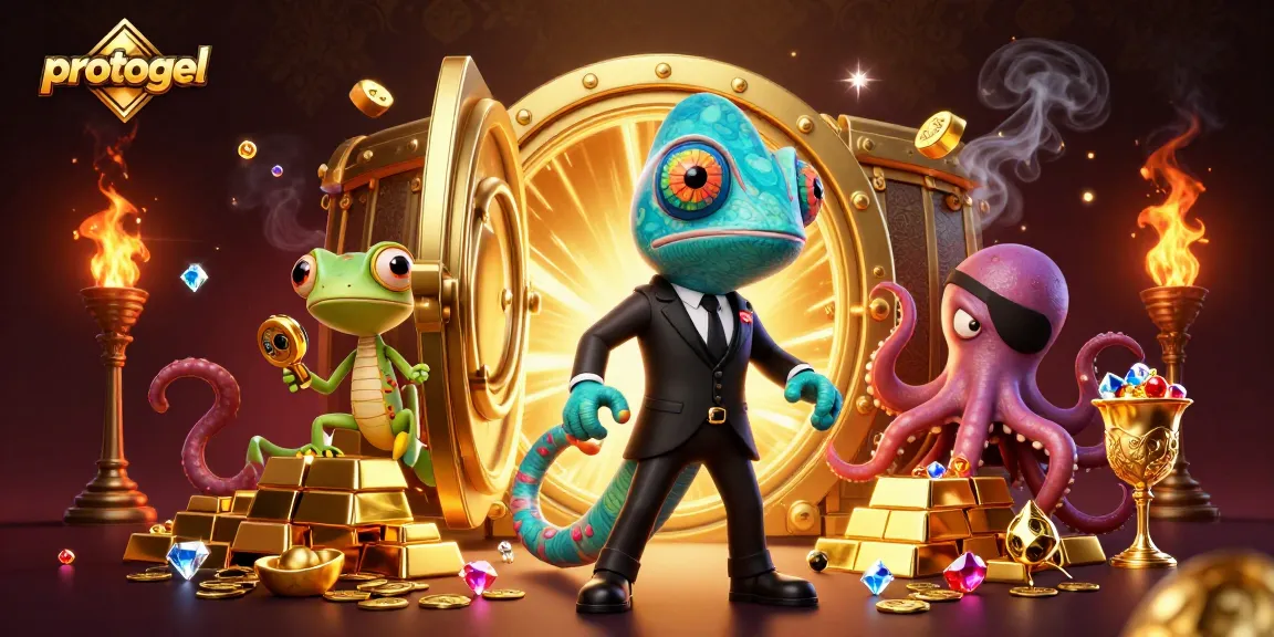 Win big with protogel: A vibrant illustration of a chameleon agent, a gecko, and an octopus in a colorful casino treasure scene.