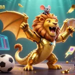 Bangsawan88 sports betting strategy illustration depicting a golden chimera, mouse jockey, and dynamic betting elements.