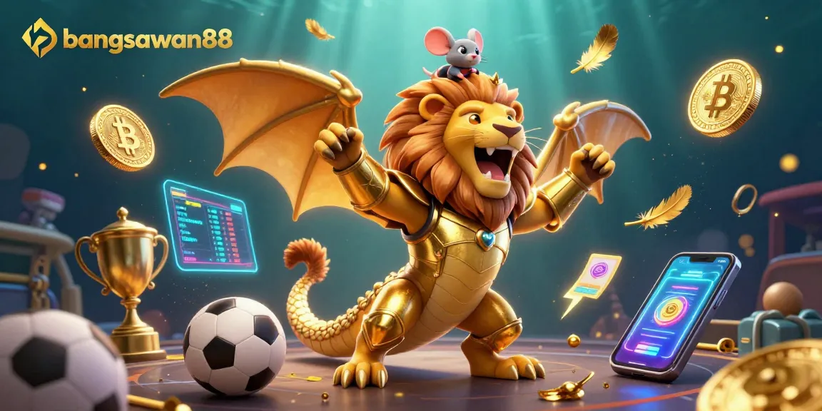 Bangsawan88 sports betting strategy illustration depicting a golden chimera, mouse jockey, and dynamic betting elements.
