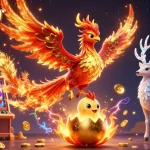 カジノアプリでスロットゲームを楽しむシーンを描いた、華やかなファイヤーフェニックスと神秘的な鹿のイラスト。