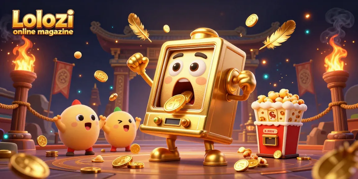 Lolozi online magazine showcases a 3D animated slot machine winning a jackpot amid vibrant casino elements.
