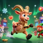 Illustration vibrante d'un casino en ligne avec Krampus et des elfes, animant une expérience de jeu festive.