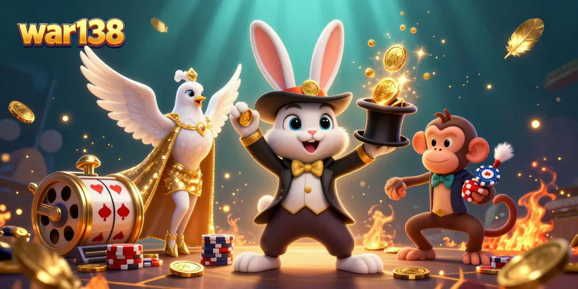 Experience the thrill of war138 with a magician rabbit and vibrant casino elements.