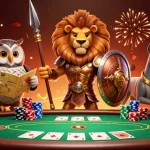 Experience thrilling poker action with tata4d's atmospheric 3D casino scene featuring a Spartan lion.
