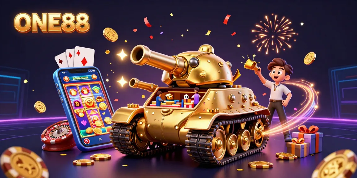 Experience the thrilling world of ONE88 with a vibrant 3D casino illustration featuring action-packed gaming elements.