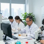 Copper peptide research in a lab with scientists collaborating on experiments and analyzing results.
