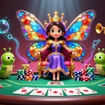 Experience the allure of FIVE88 while engaging with a vibrant poker scene featuring a butterfly queen and colorful chips.