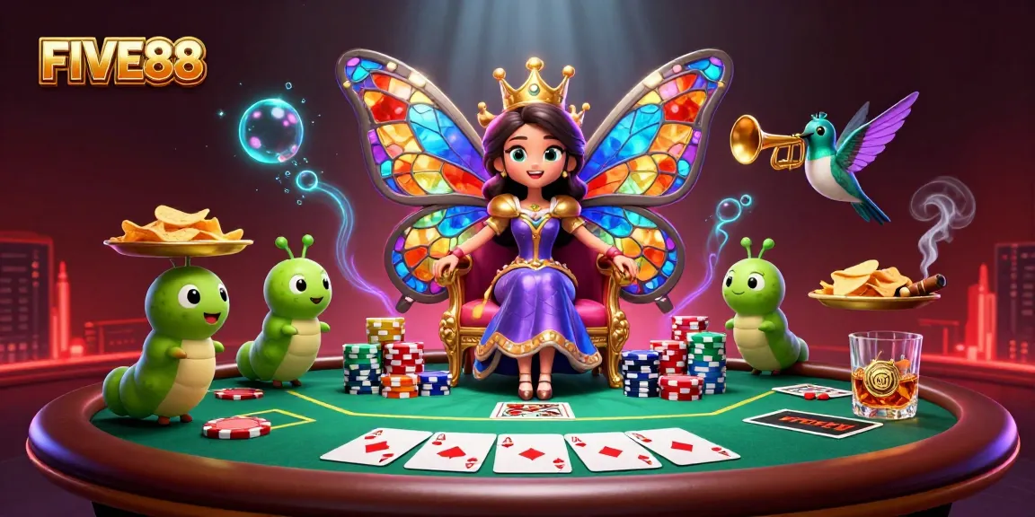 Experience the allure of FIVE88 while engaging with a vibrant poker scene featuring a butterfly queen and colorful chips.