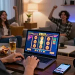 Player enjoying slot zeus online casino game in a stylish living room with snacks and drinks.