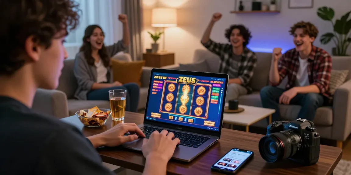 Player enjoying slot zeus online casino game in a stylish living room with snacks and drinks.