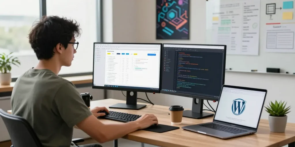Web developer engaged in WordPress SEO automation surrounded by code and analytics in a modern workspace.