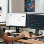 Web developer engaged in WordPress SEO automation surrounded by code and analytics in a modern workspace.