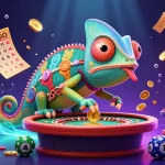 Experience the excitement of DA88 with a vibrant casino scene featuring a chameleon owner and dynamic games.