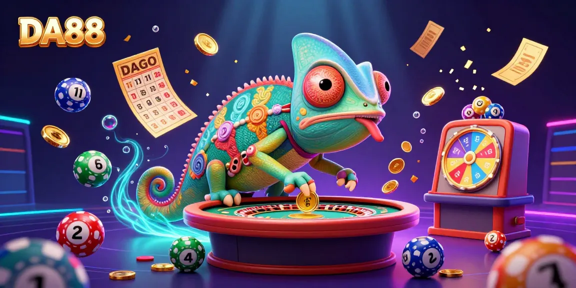 Experience the excitement of DA88 with a vibrant casino scene featuring a chameleon owner and dynamic games.