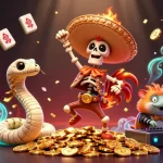 Scène dynamique de casino en ligne avec un personnage de mariachi et des éléments de jeux d'argent.