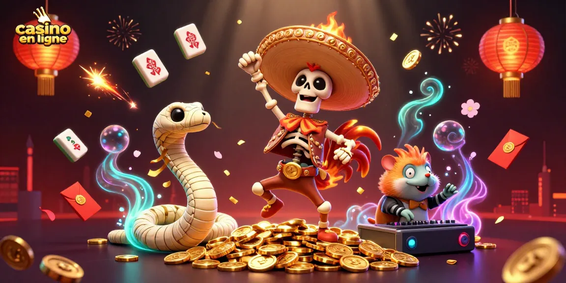 Scène dynamique de casino en ligne avec un personnage de mariachi et des éléments de jeux d'argent.