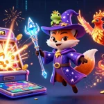 Illustration d'un casino en ligne avec un renard sorcier, un phoenix et des éléments de jeux colorés.