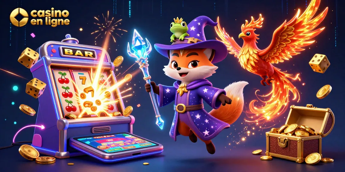 Illustration d'un casino en ligne avec un renard sorcier, un phoenix et des éléments de jeux colorés.