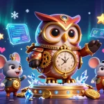 Experience the thrilling rr88 casino adventure with a whimsical time-traveling owl in a vibrant, imaginative setting.