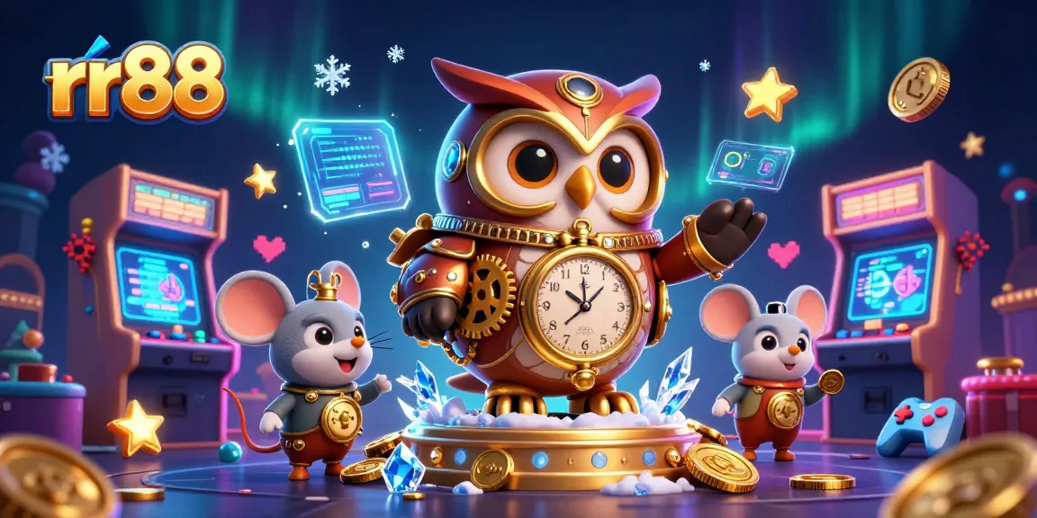 Experience the thrilling rr88 casino adventure with a whimsical time-traveling owl in a vibrant, imaginative setting.