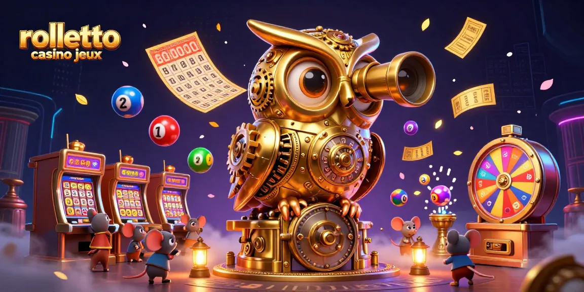 Découvrez les jeux de casino Rolletto avec une illustration captivante d'une chouette dorée sur un thème ludique.
