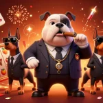 MPO08 showcases a vibrant scene of a mafia boss bulldog and Dobermans amid spinning slot reels and festive elements.