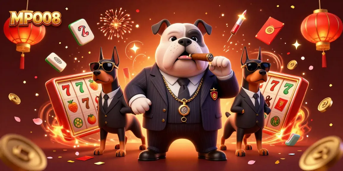 MPO08 showcases a vibrant scene of a mafia boss bulldog and Dobermans amid spinning slot reels and festive elements.
