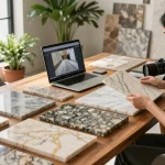 NAGA2000 expert evaluating premium natural stones for luxurious flooring design.