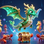 Animant les jeux de casino en ligne, découvrez un dragon de mer 3D entouré d'éléments de jeu lumineux.