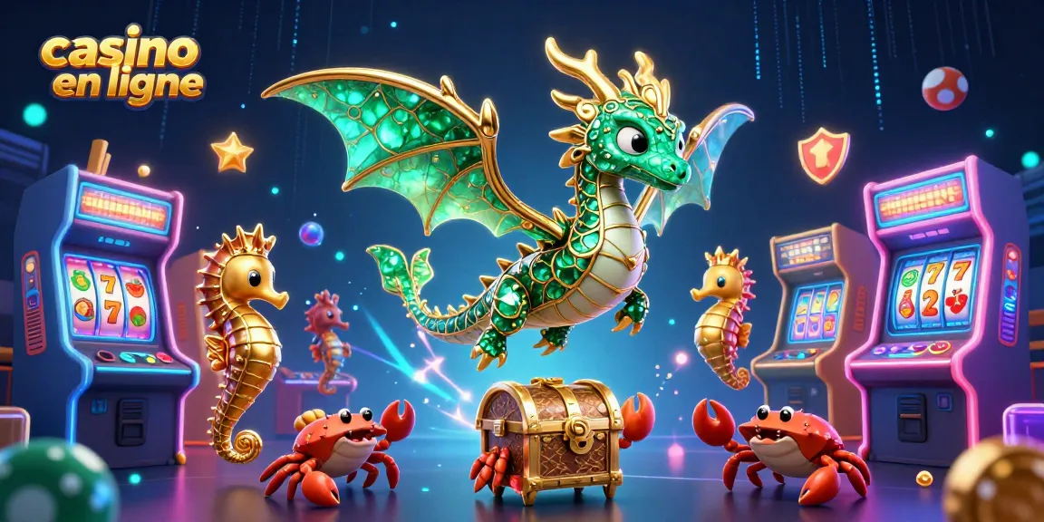 Animant les jeux de casino en ligne, découvrez un dragon de mer 3D entouré d'éléments de jeu lumineux.