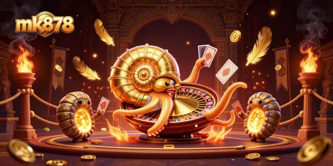 Immerse in the excitement at mk878 with a stunning 3D nautilus roulette wheel and glowing companions in a casino scene.