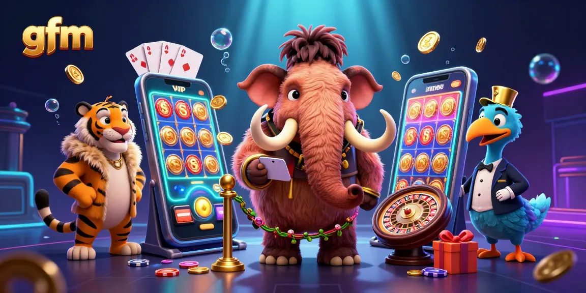 Engage in thrilling casino action with gfm's vibrant scene featuring a mammoth bouncer, saber-tooth VIP, and dodo doorman.