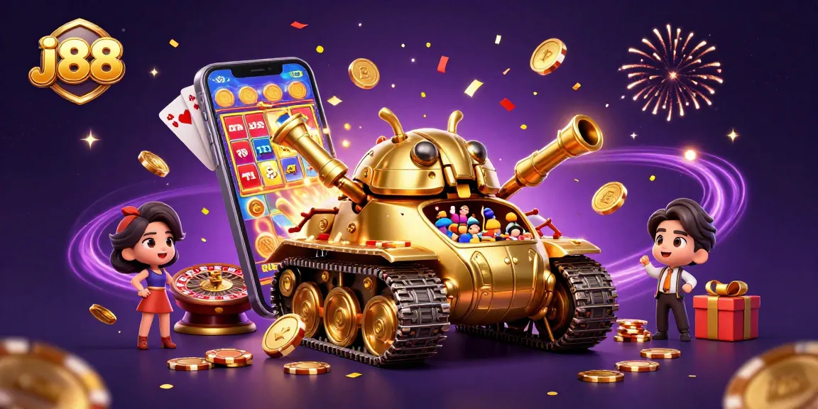 Experience the thrill of j88 with a dynamic casino scene featuring a golden beetle tank and vibrant gaming elements.