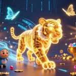 Casino en ligne : tigre en néon éclairant un paysage de jeu dynamique rempli de trésors.