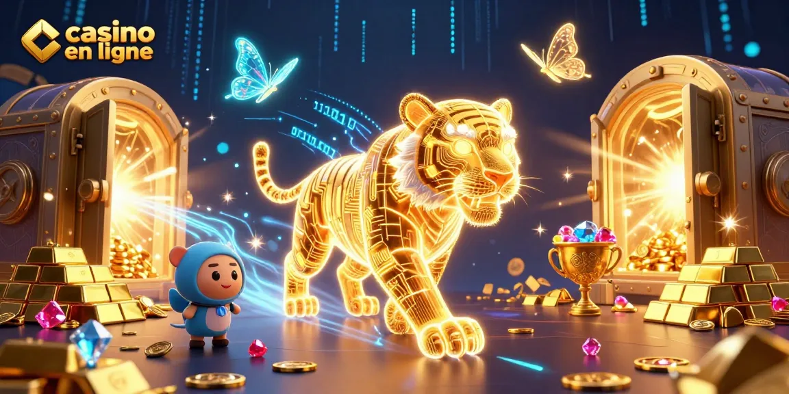 Casino en ligne : tigre en néon éclairant un paysage de jeu dynamique rempli de trésors.