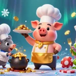 TA88 casino illustration showcasing a chef pig and sous-chef mouse amidst vibrant slot machine reels.