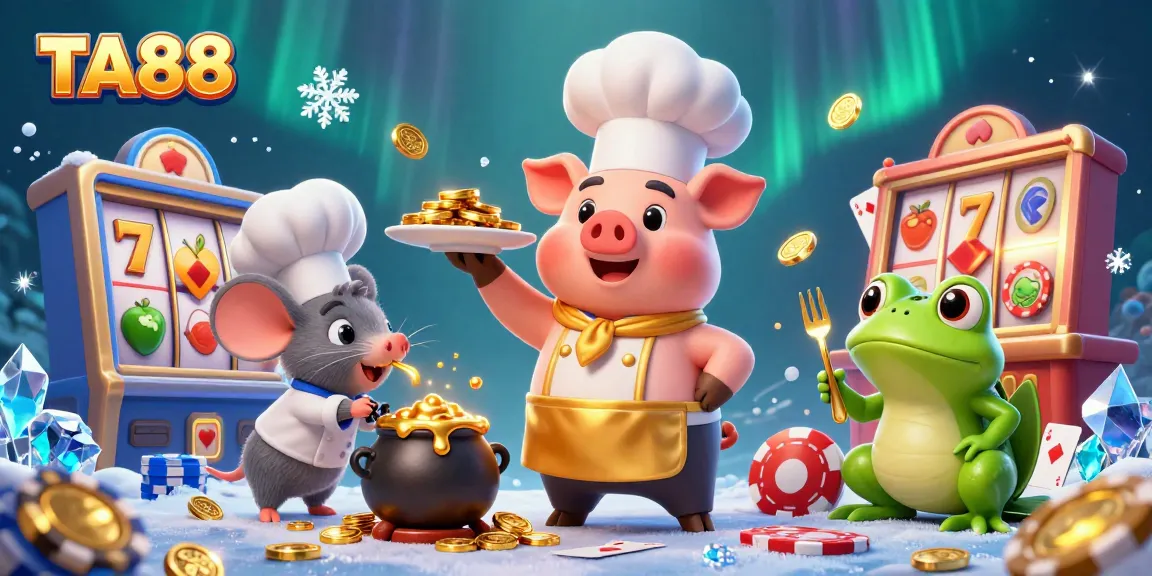 TA88 casino illustration showcasing a chef pig and sous-chef mouse amidst vibrant slot machine reels.