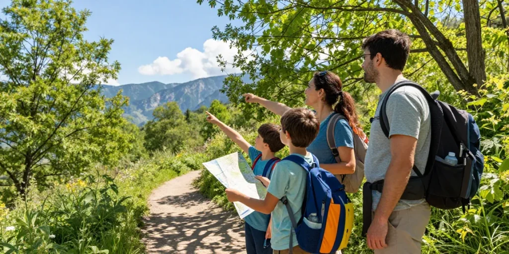 Family enjoying outdoor adventure on a hiking trail with mantra88 theme.