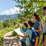Family enjoying outdoor adventure on a hiking trail with mantra88 theme.